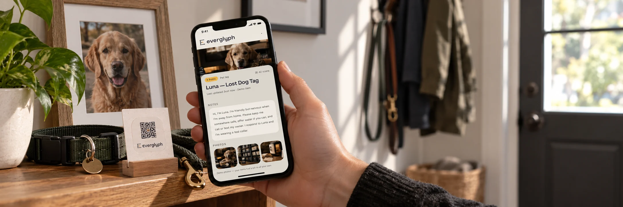 An Everglyph pet record shown on a phone beside a pet keepsake setting