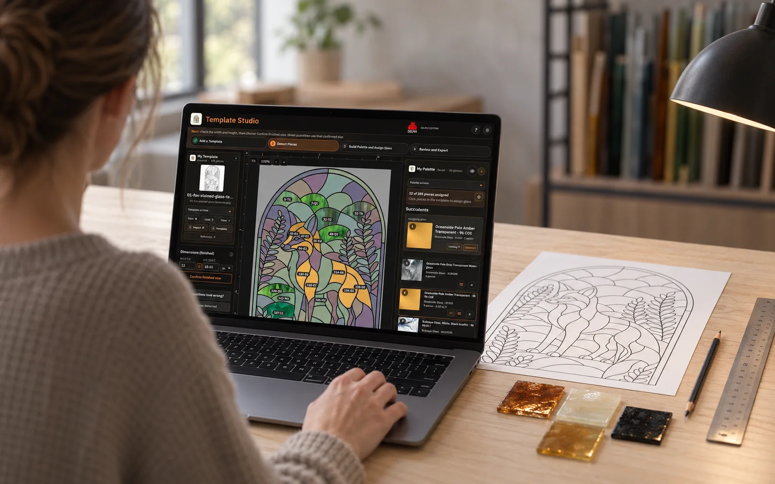 Template Studio Fox project on a realistic laptop beside its matching paper pattern