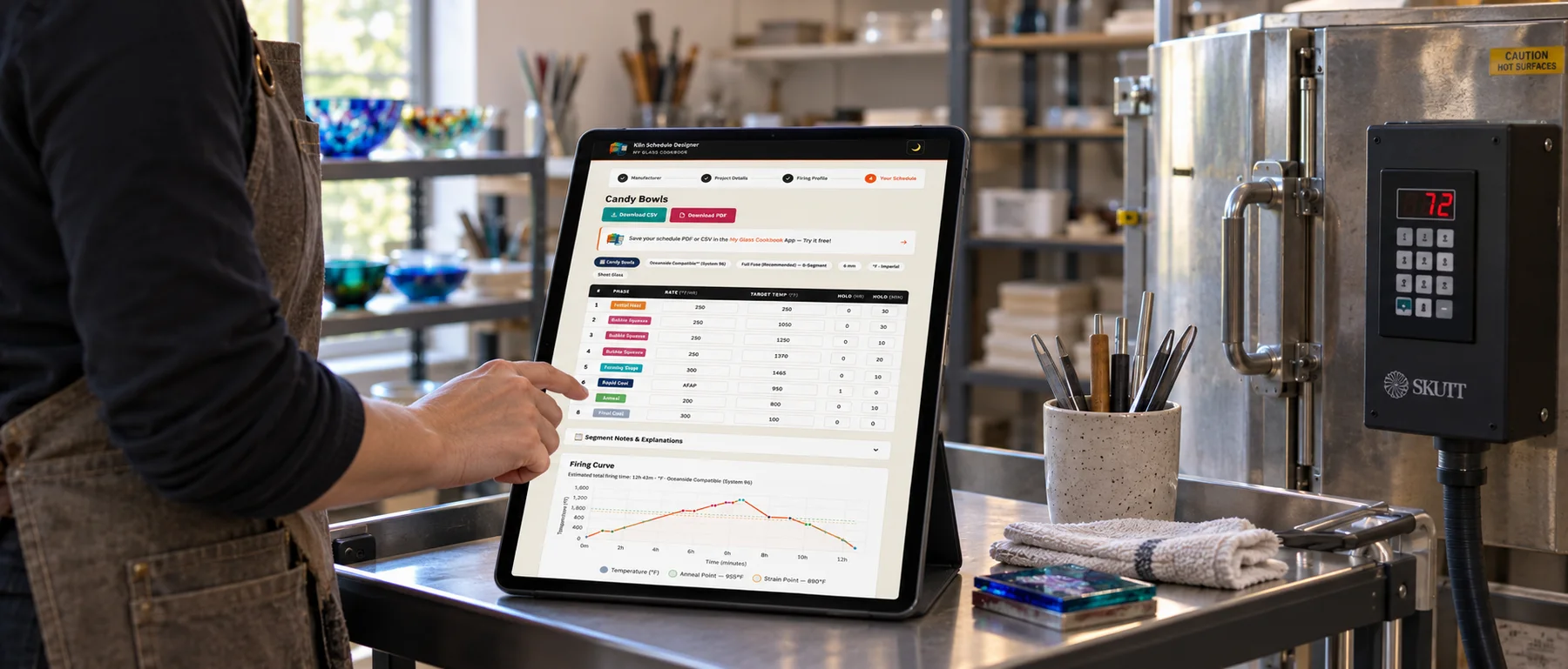 Kiln Schedule Designer on a tablet beside a closed cool-looking kiln