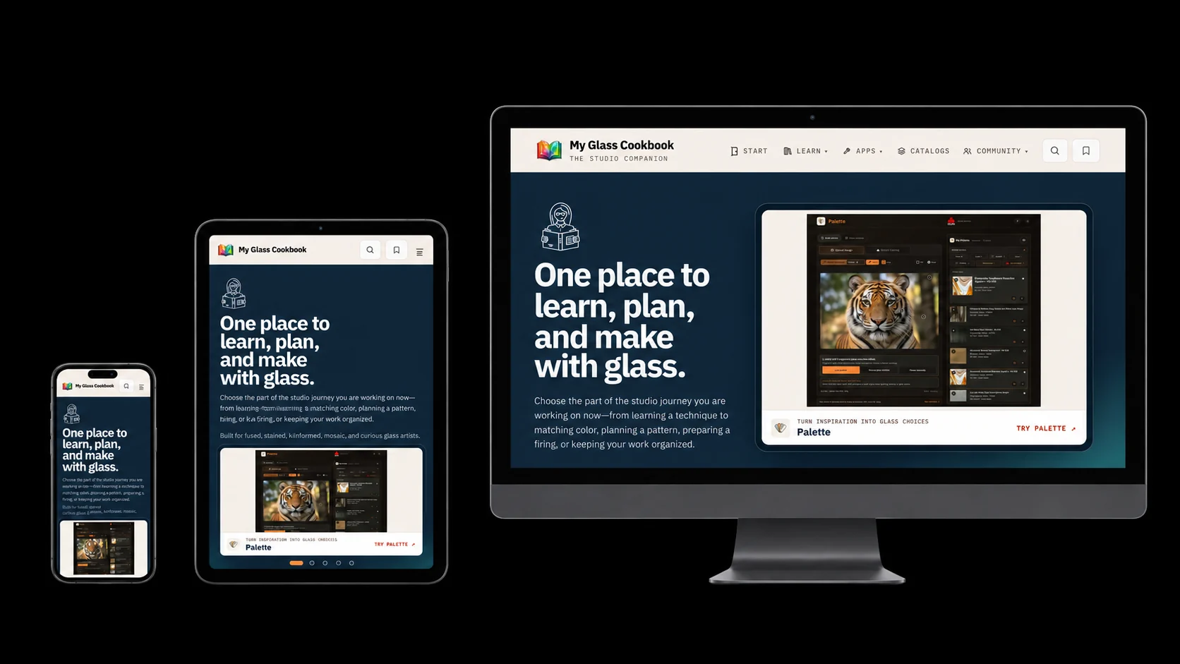 MGC Portal on a realistically scaled phone, portrait tablet and 27-inch desktop monitor against seamless black