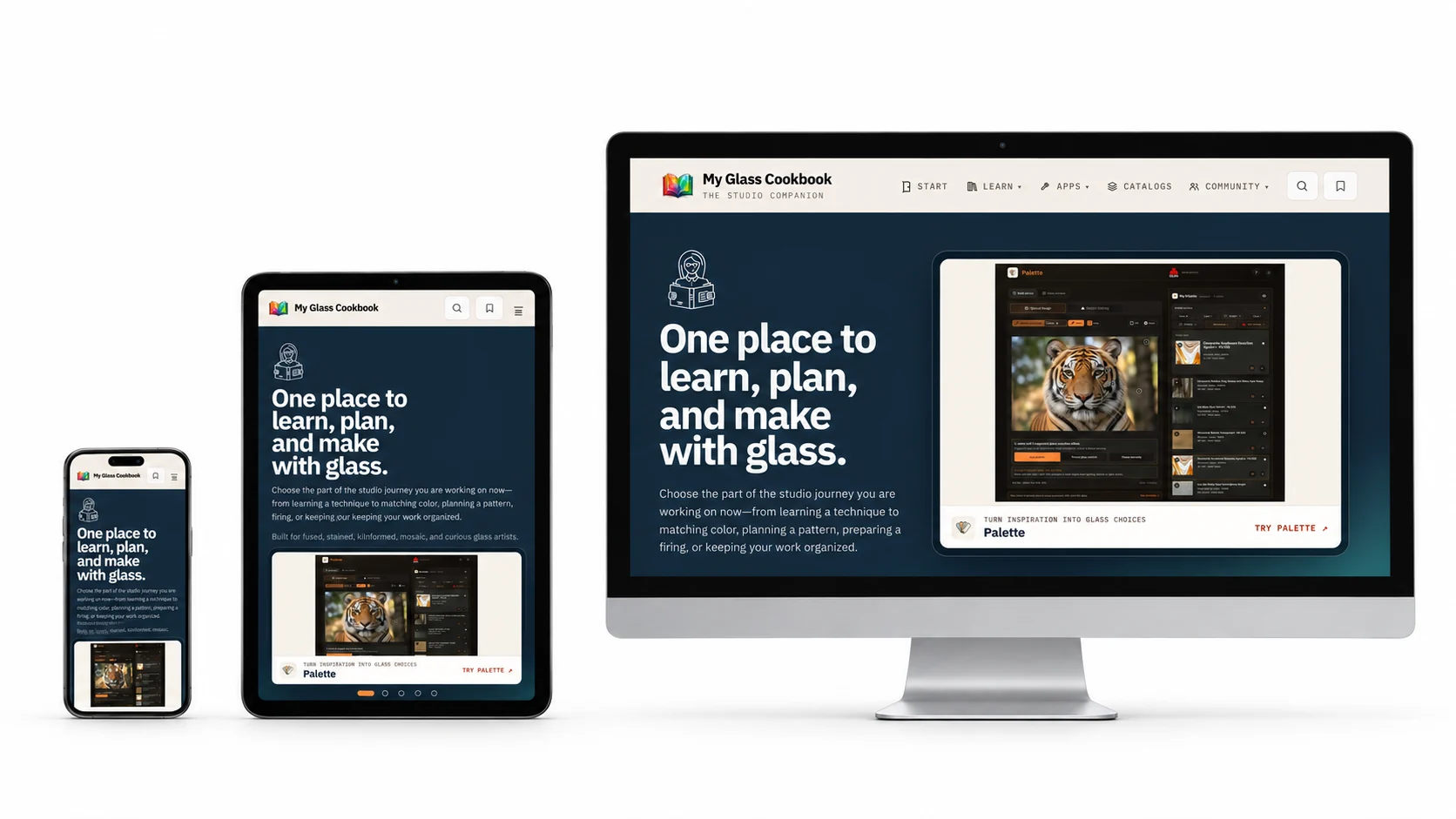 MGC Portal on a realistically scaled phone, portrait tablet and 27-inch desktop against seamless white