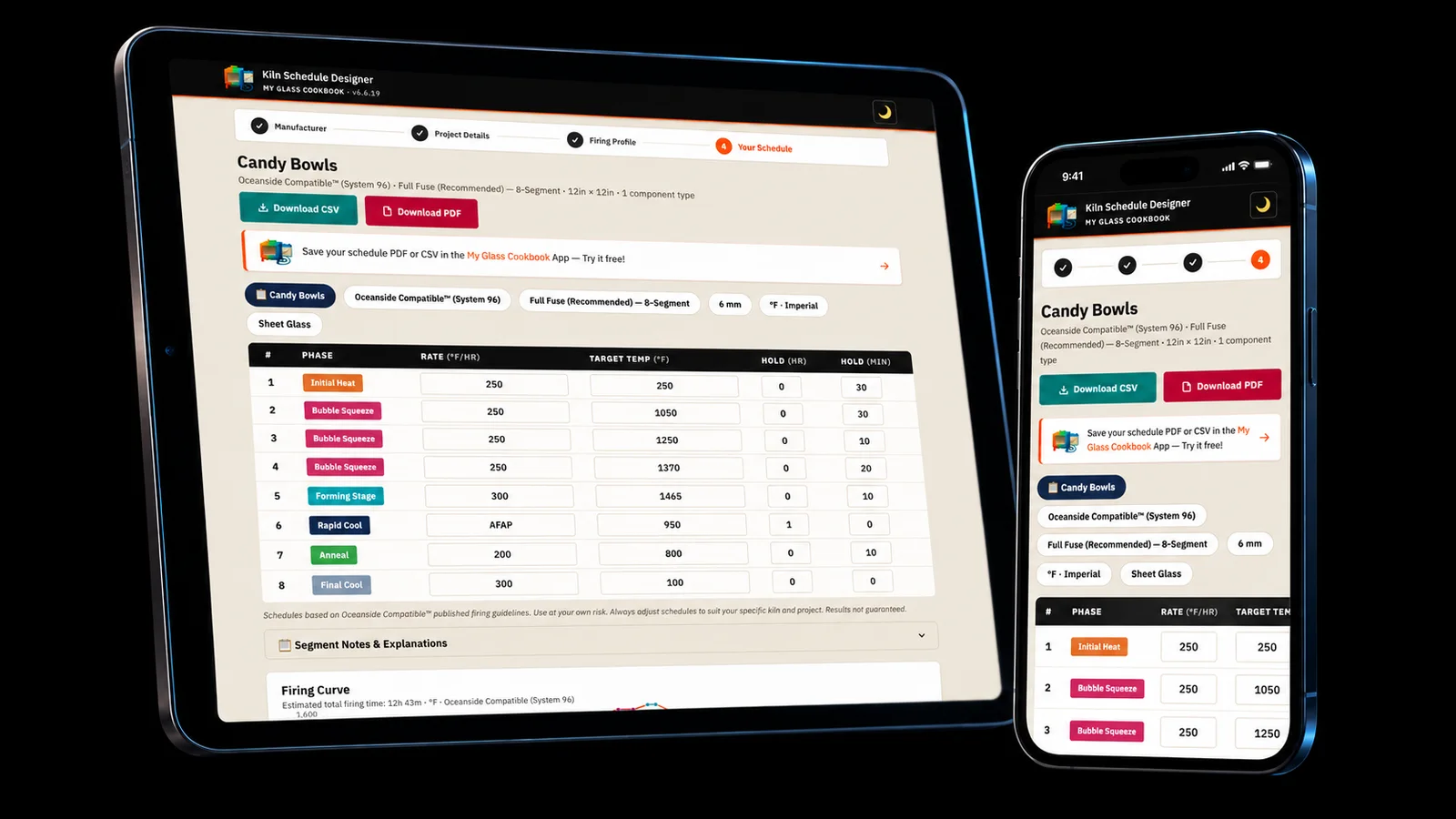 Kiln Schedule Designer Candy Bowls schedule on a realistic tablet and phone against seamless black