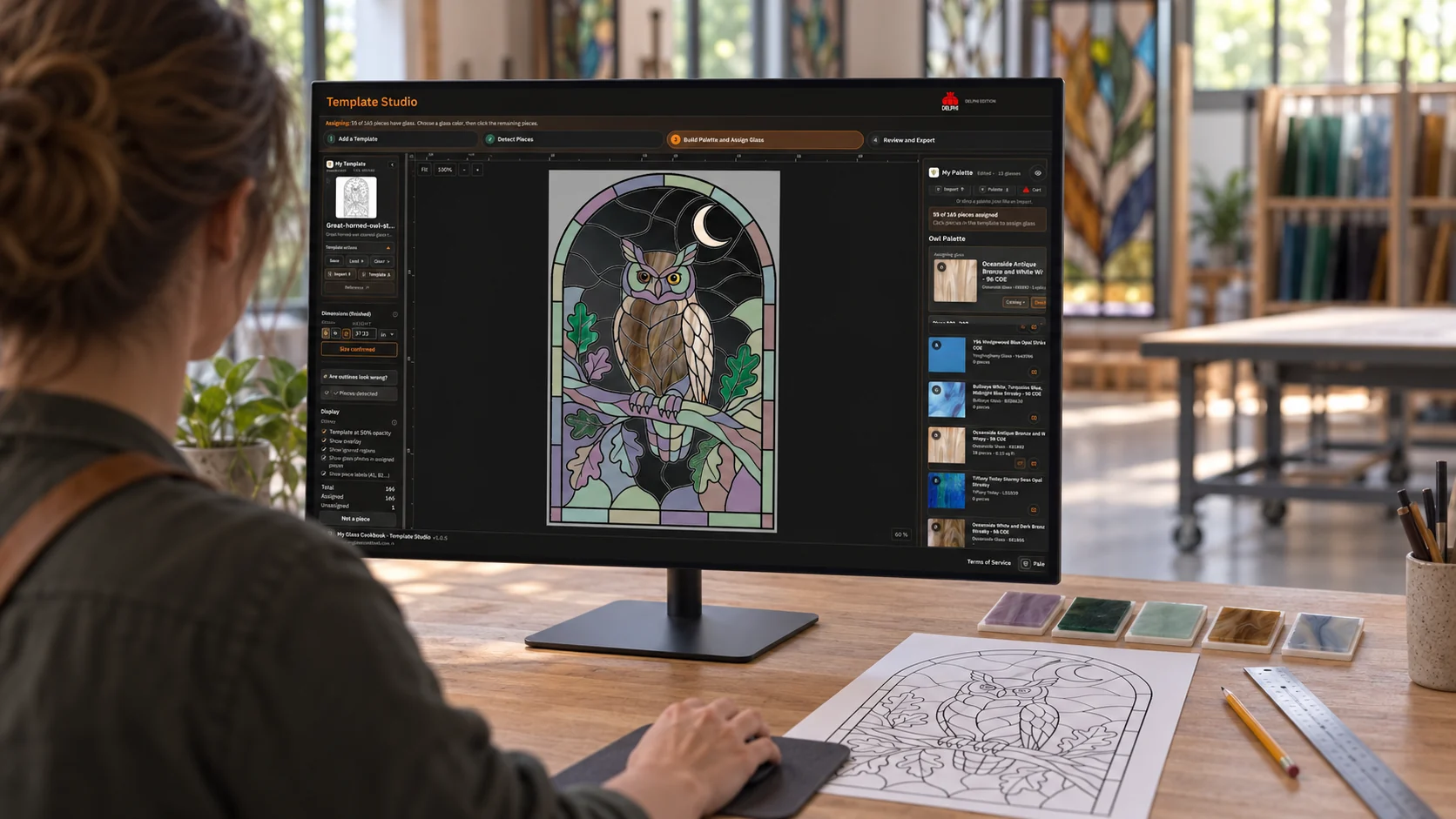 Template Studio Owl project on a large 16:9 monitor in a restrained contemporary glass studio