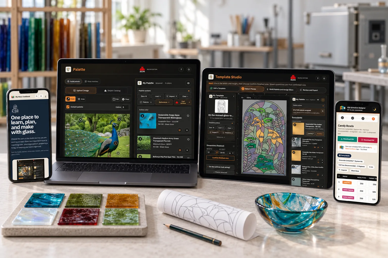 Studio composite of the MGC Portal, Palette, Template Studio and Kiln Schedule Designer across four devices beside glass samples and a pattern