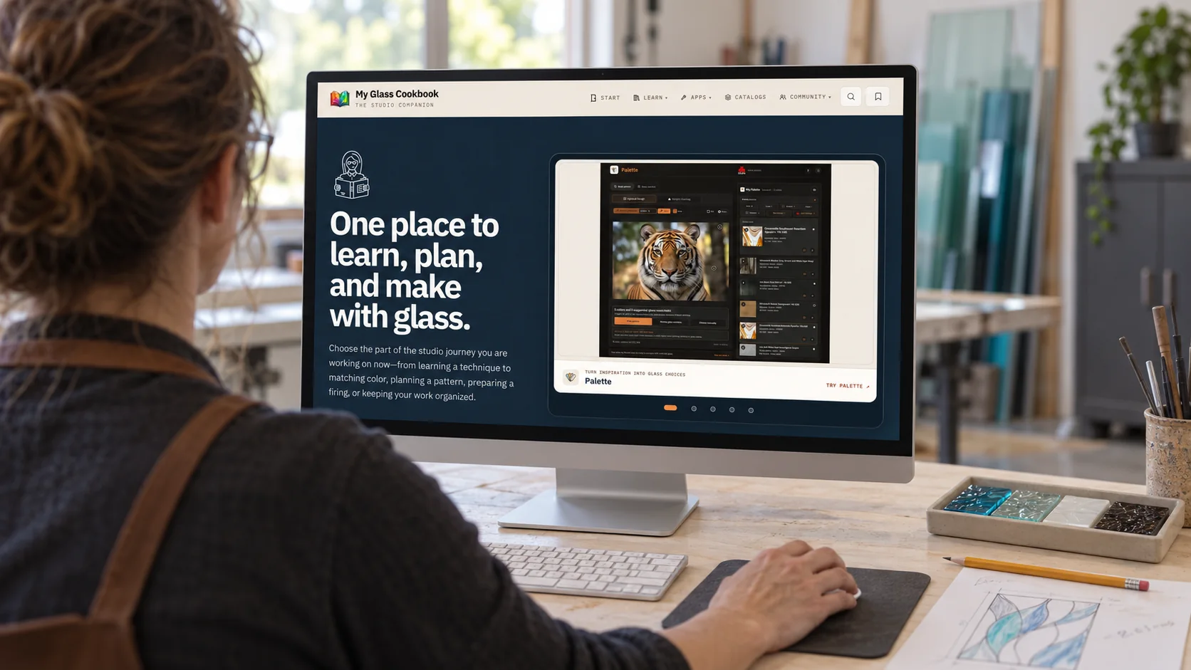 MGC Portal on a 16:9 desktop monitor in a restrained modern glass studio