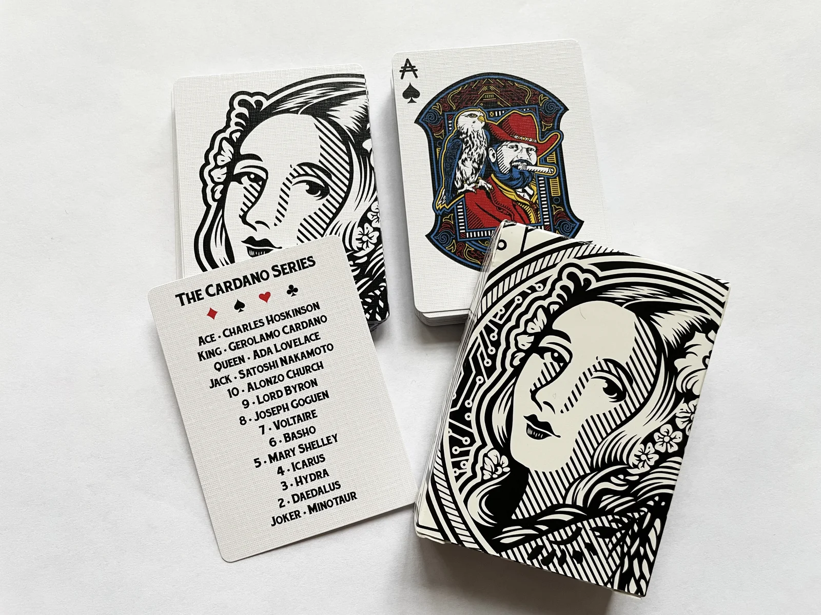 Finished illustrated playing-card box, deck and information card.