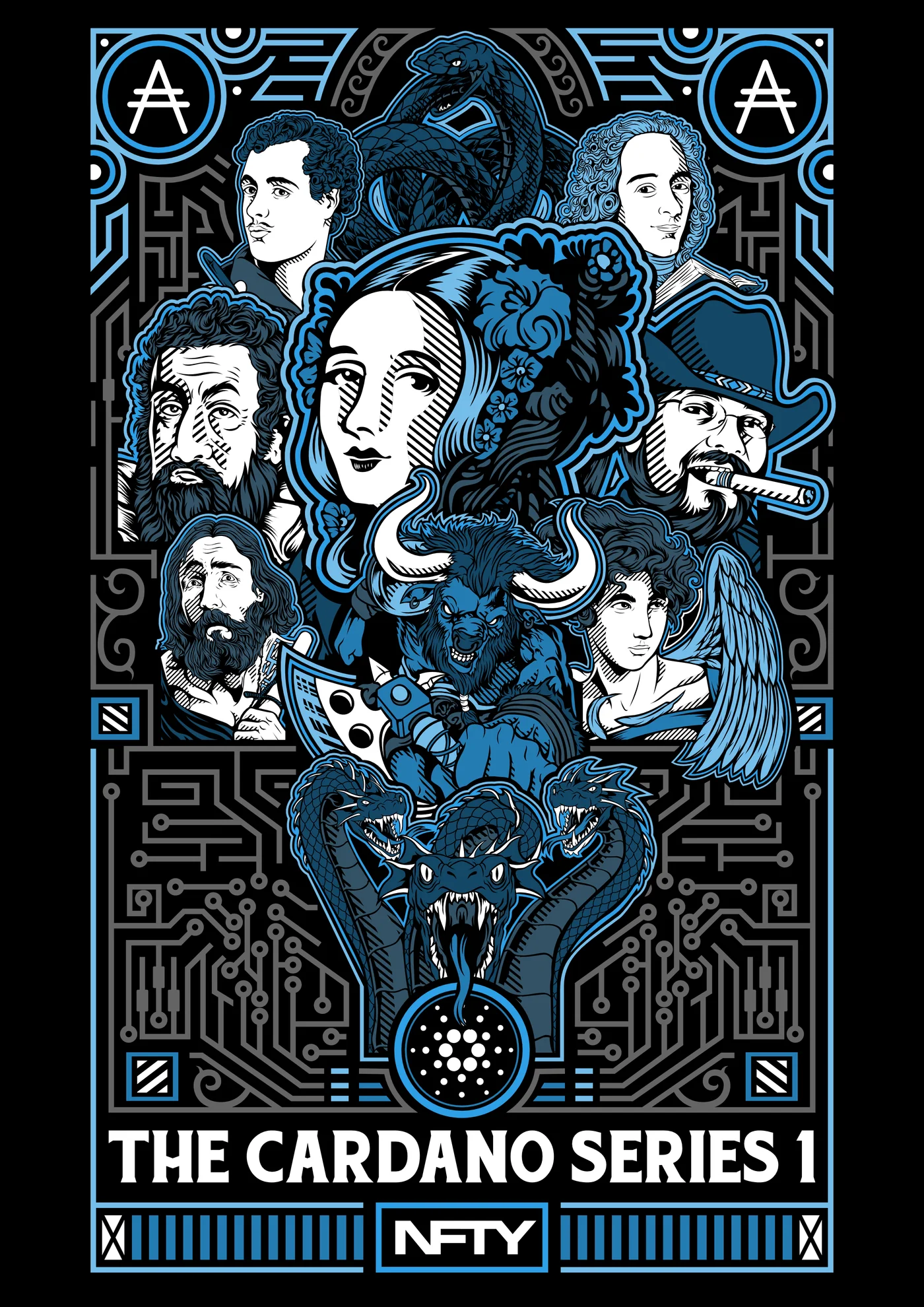 Cardano Series 1 poster with a composition of illustrated portraits