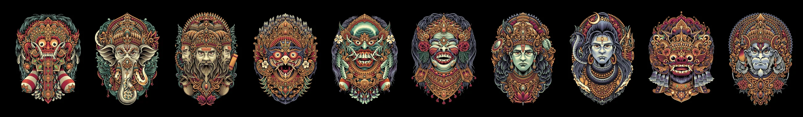 All ten Devas illustrated figures arranged in a row on black, from Barong to Hanuman