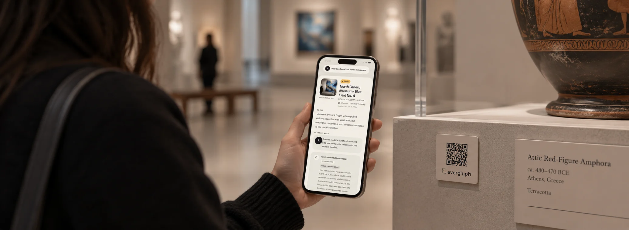 A museum visitor holding an Everglyph public record open beside a labeled amphora and scannable gallery tag