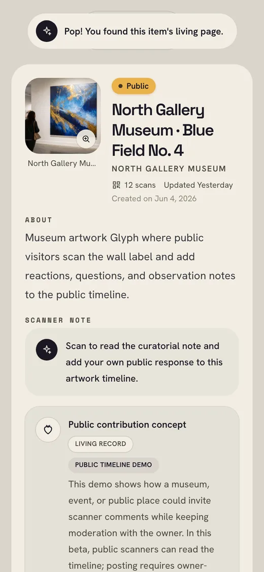 Everglyph museum artwork public Glyph page on a mobile screen