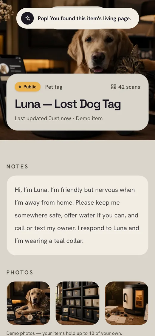 Everglyph lost dog public Glyph page on a mobile screen