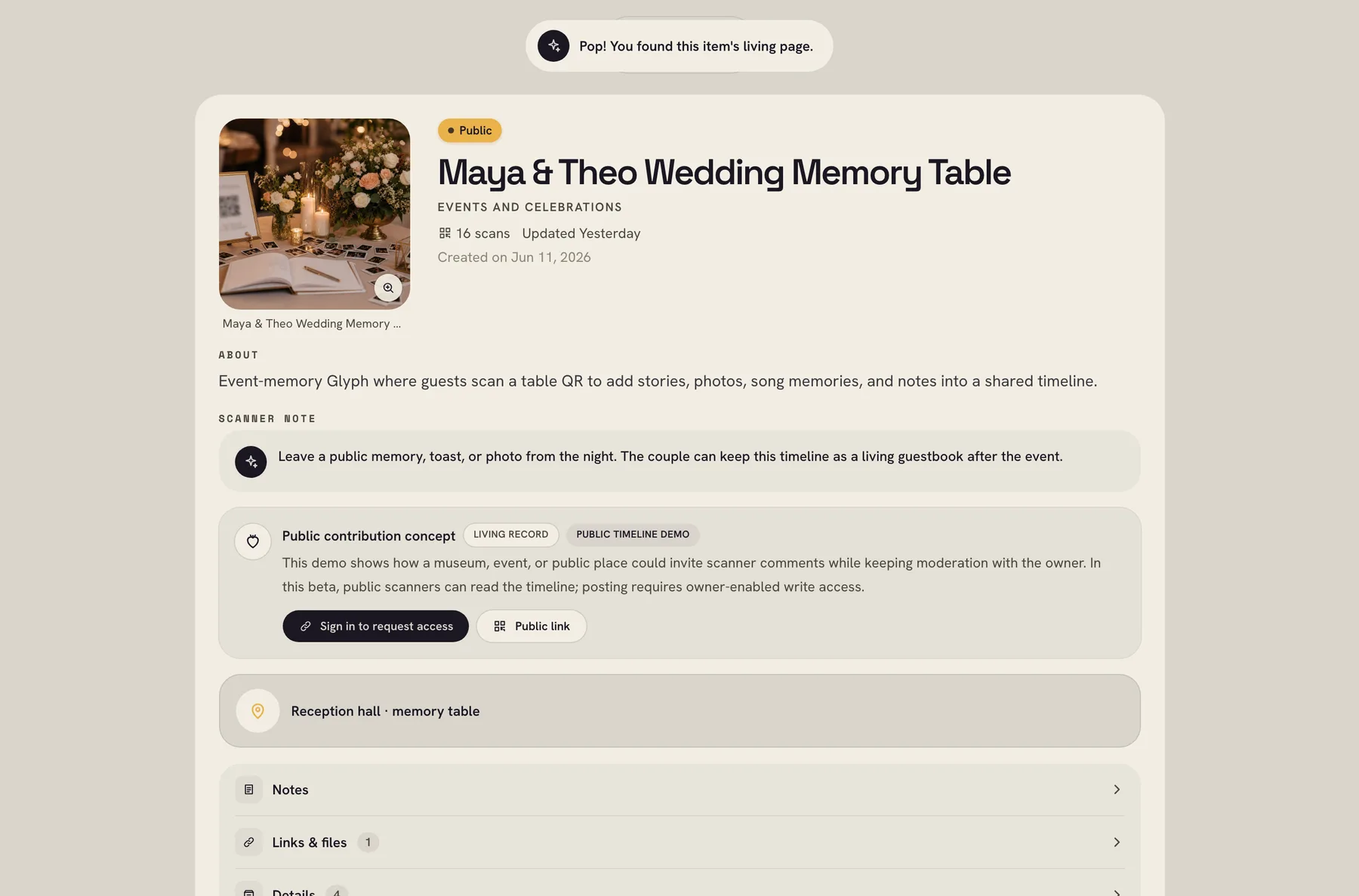 Everglyph wedding memory-table public Glyph page on a desktop screen