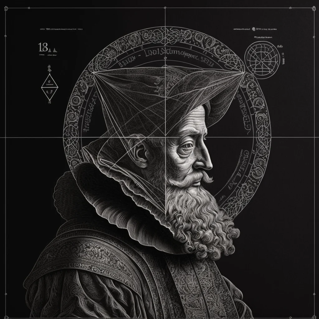 Monochrome etched portrait of a bearded figure framed by fine geometric diagrams on black