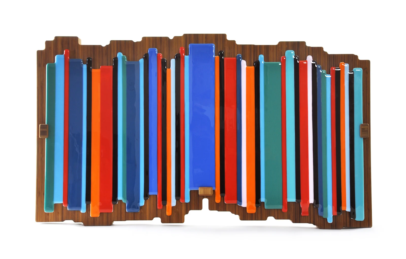 Colourful vertical glass strips mounted across an undulating wooden panel against white
