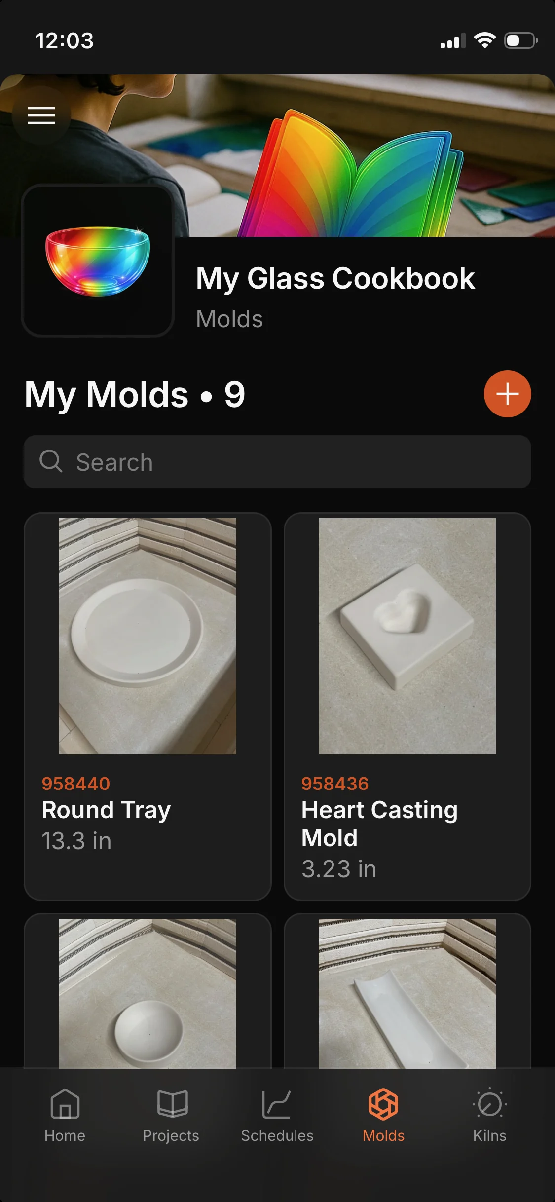 My Glass Cookbook App molds library showing mold photographs, product numbers, names and dimensions
