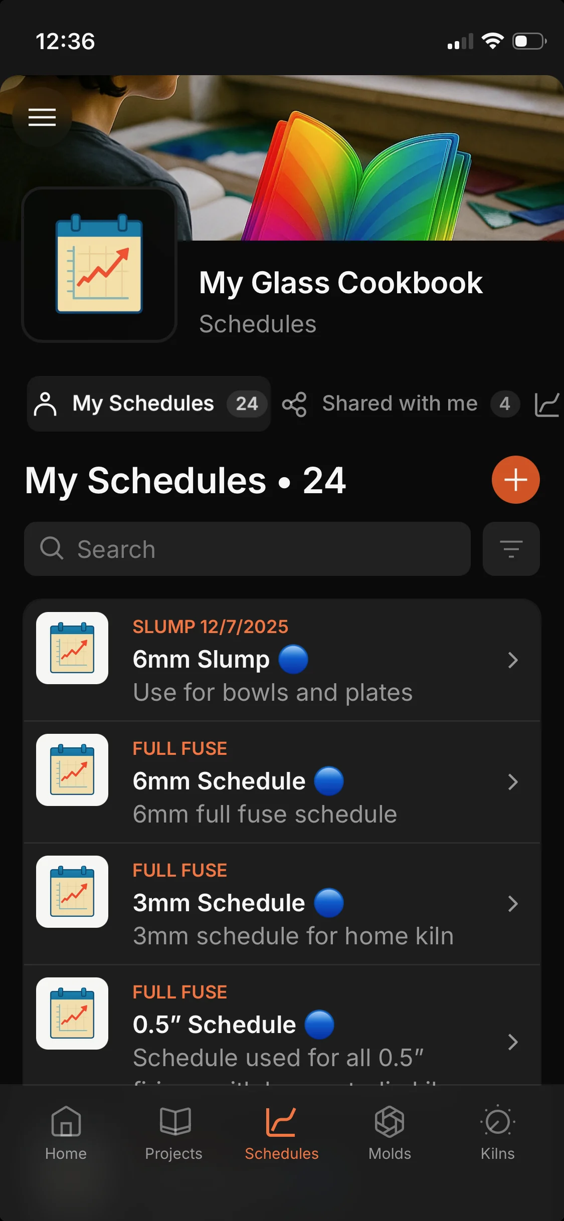My Glass Cookbook App schedules library showing searchable slump and full-fuse firing schedules