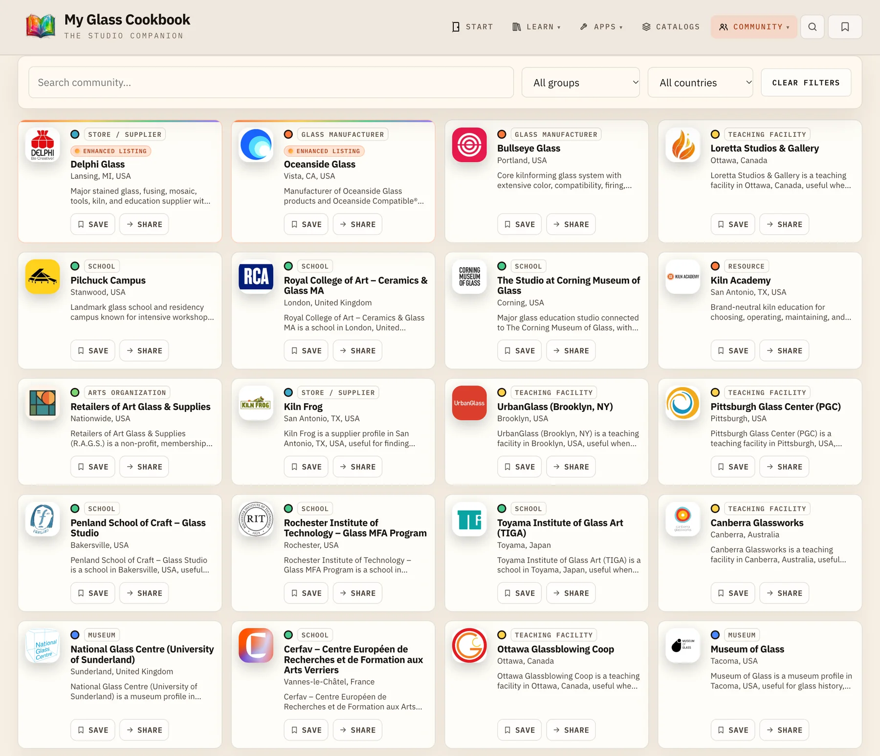 Current MGC Portal Community directory with glass organizations, locations and category filters
