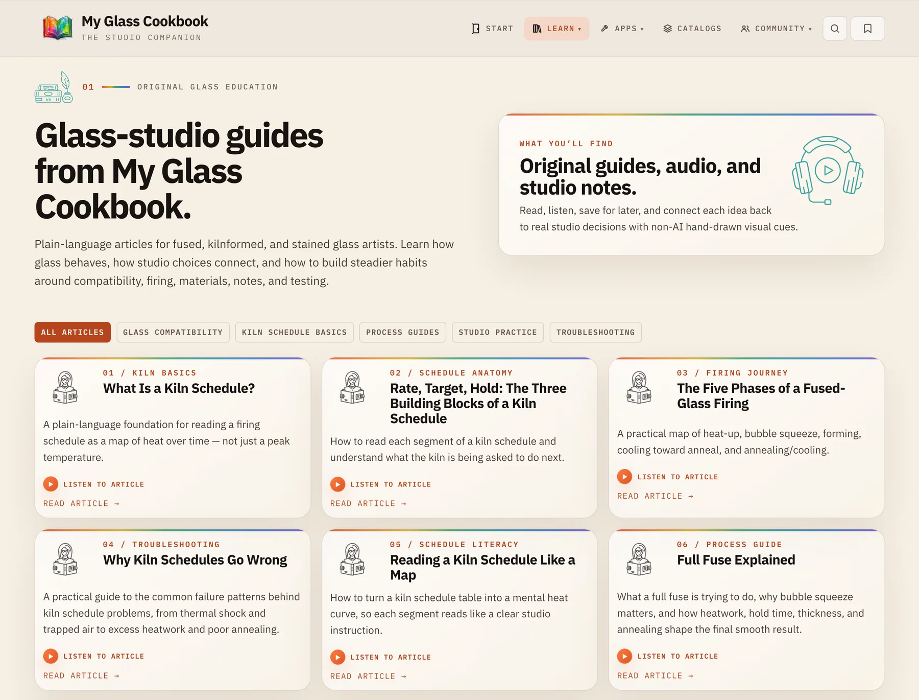 Current MGC Portal Learn page with guides, audio controls and topic filters