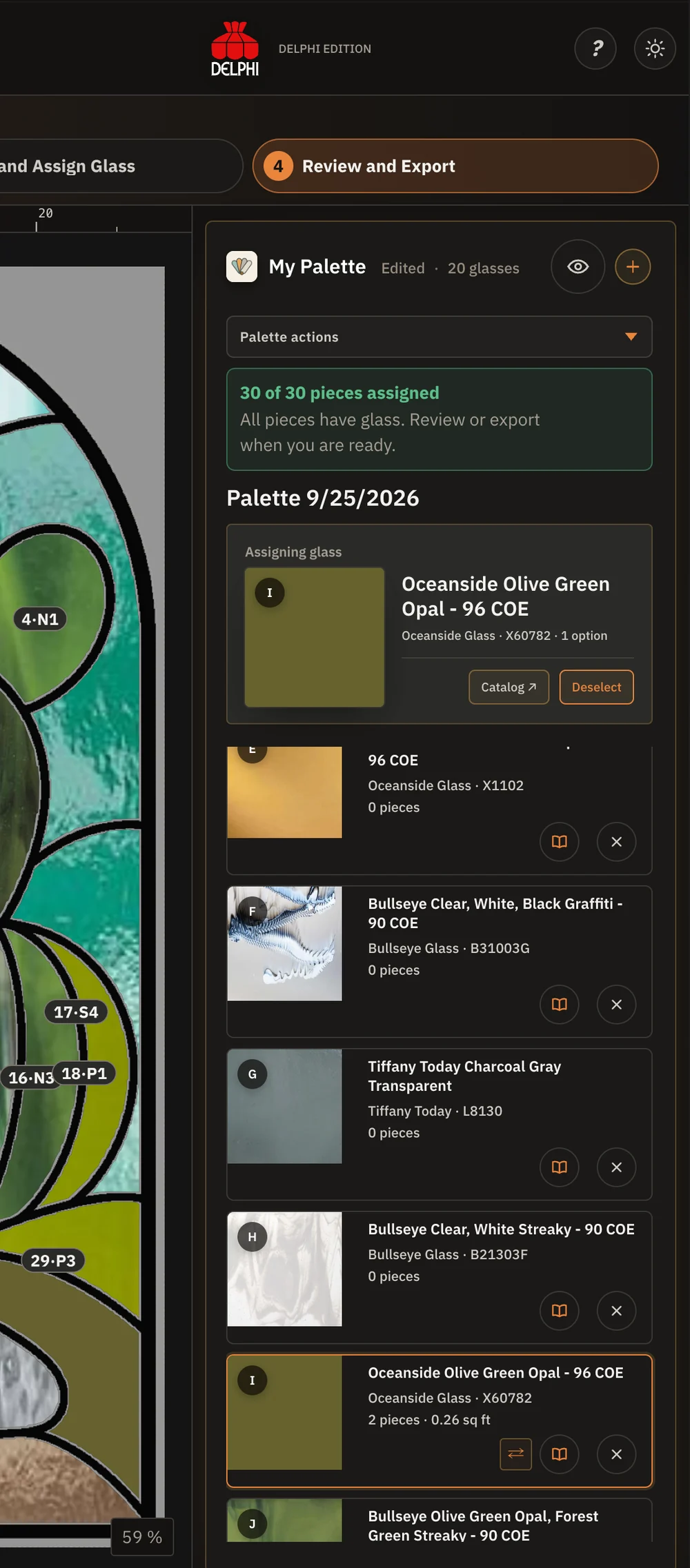 Current Template Studio review panel showing a completed palette and assigned Delphi sheet glass