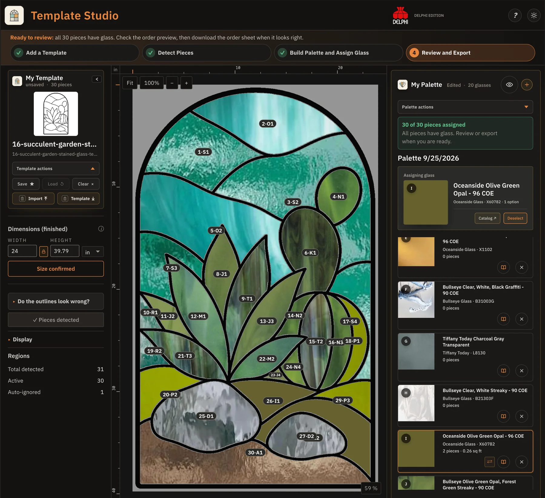 Current Template Studio completed succulent panel with piece labels, assigned Delphi glass, dimensions and export-ready status