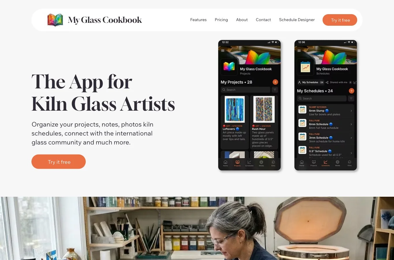 My Glass Cookbook App overview screen showing studio reference workflows