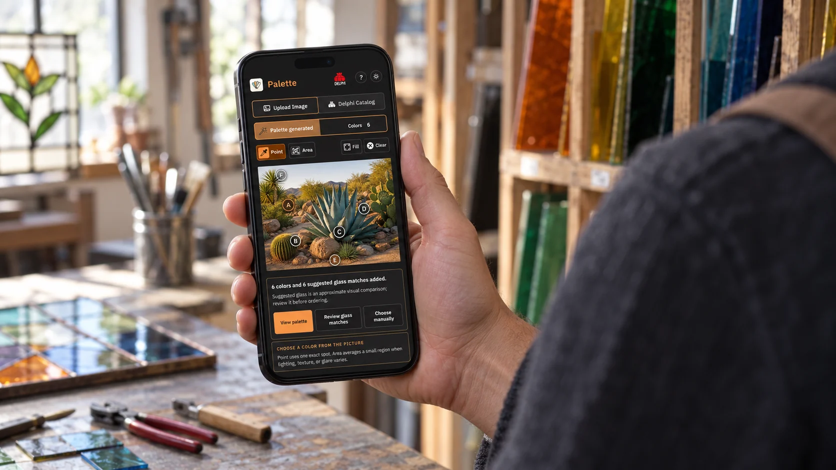 Palette photograph-to-colour workspace shown on a phone in a working glass studio