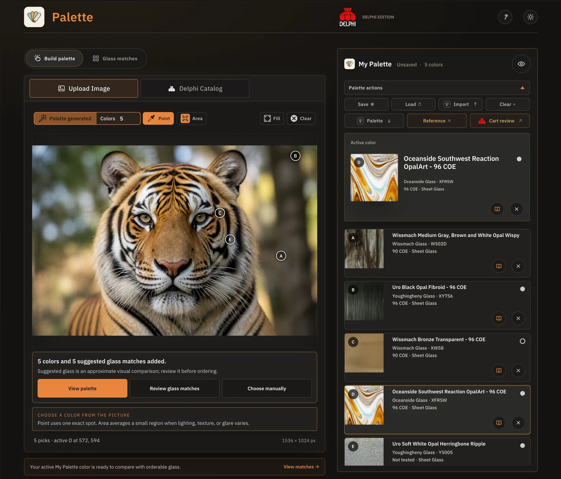 Current Palette interface matching colours from a tiger photograph to real Delphi glass products