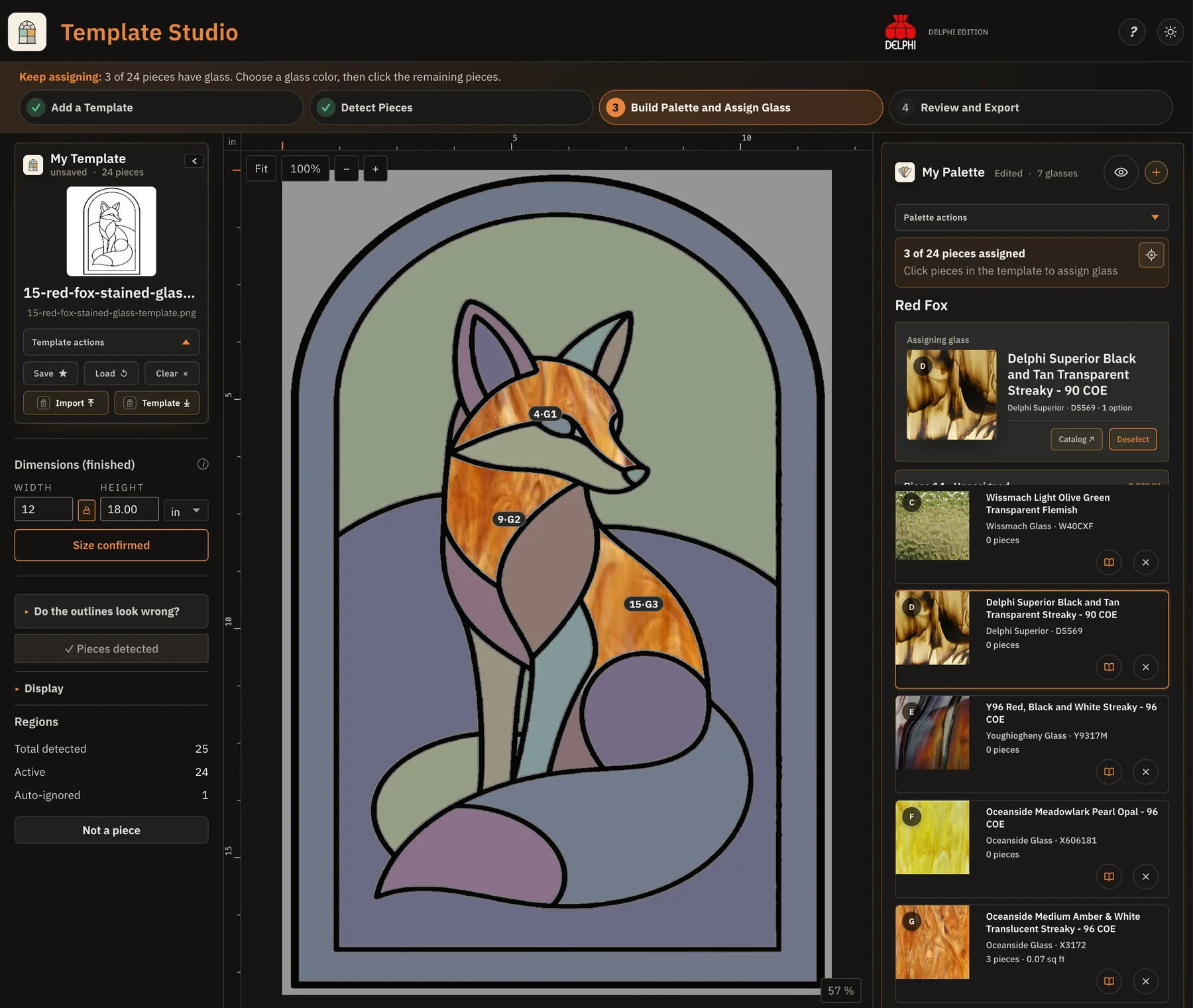 Current Template Studio interface assigning coordinated Delphi glass to a red fox stained-glass pattern