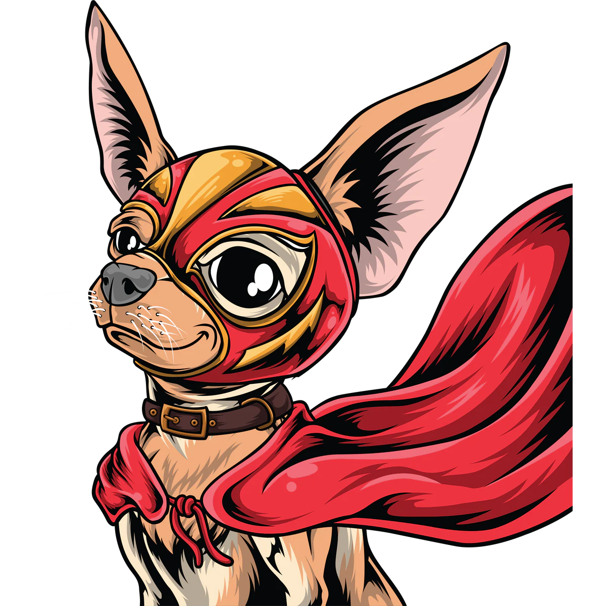 Finished Chihuahua hero character wearing a red cape and luchador mask