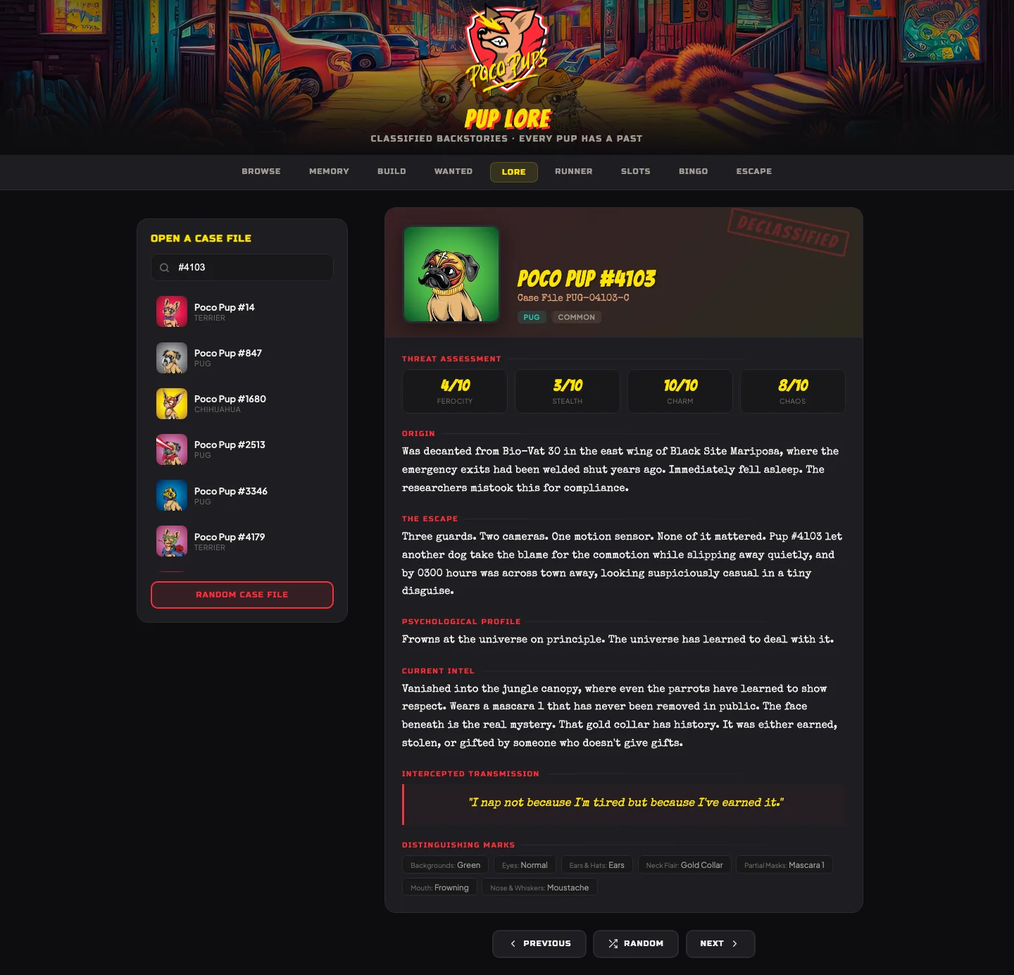 Live Poco Pups lore page showing an illustrated character case file and story