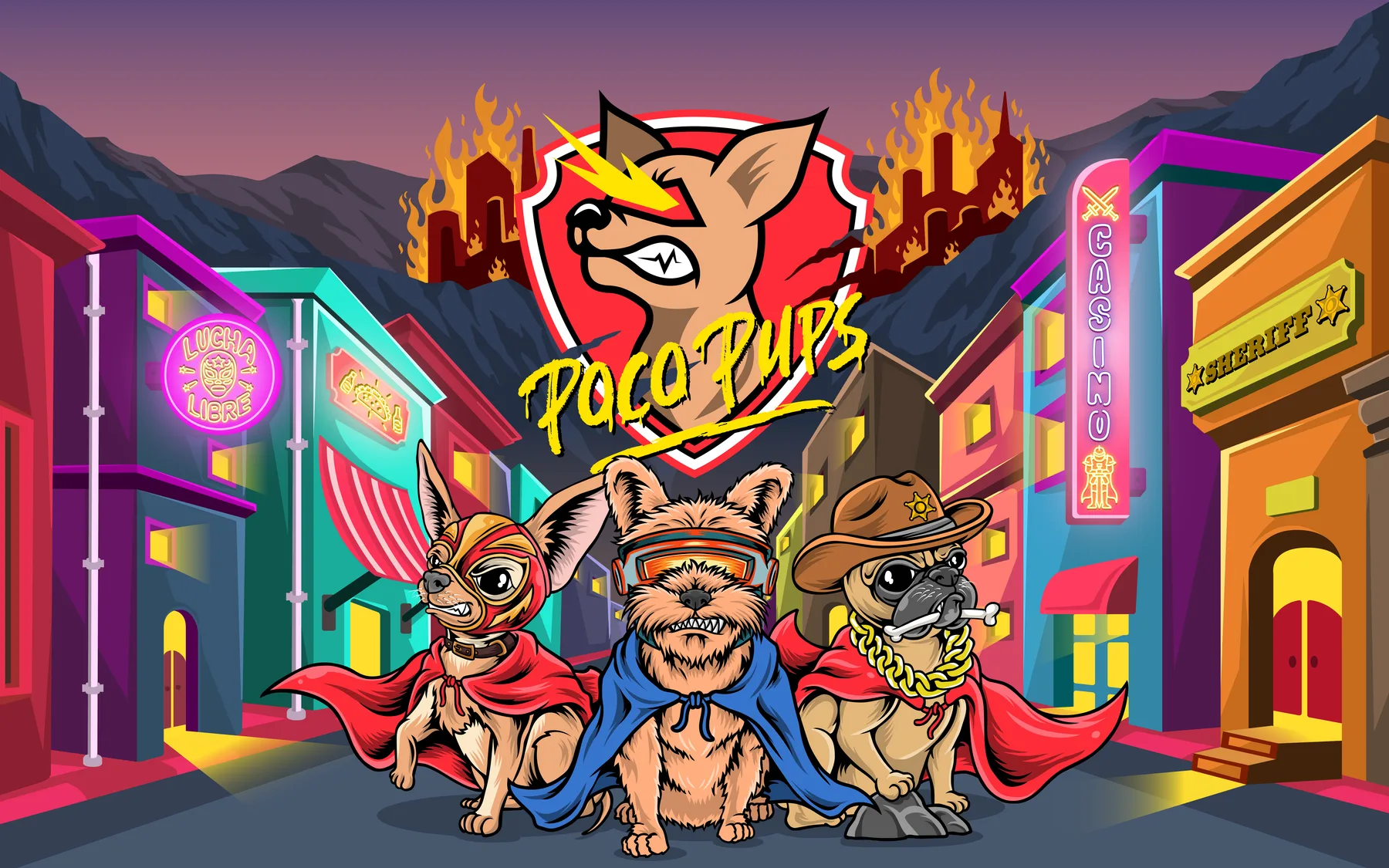 Historical Poco Pups campaign composition with the identity and three hero characters
