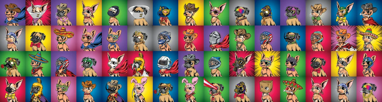 Wide Poco Pups banner showing many finished Chihuahua, Terrier and Pug variations