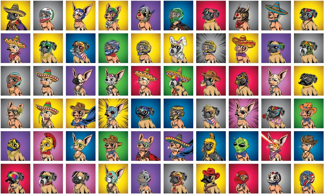 Montage of sixty finished Poco Pups characters showing breed and trait variation
