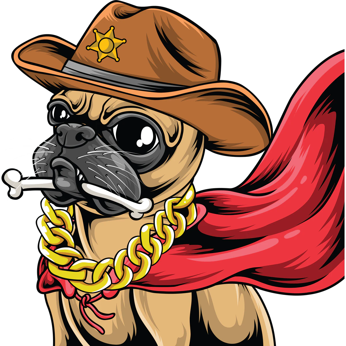 Finished Pug hero character wearing a red cape, sheriff hat and gold chain