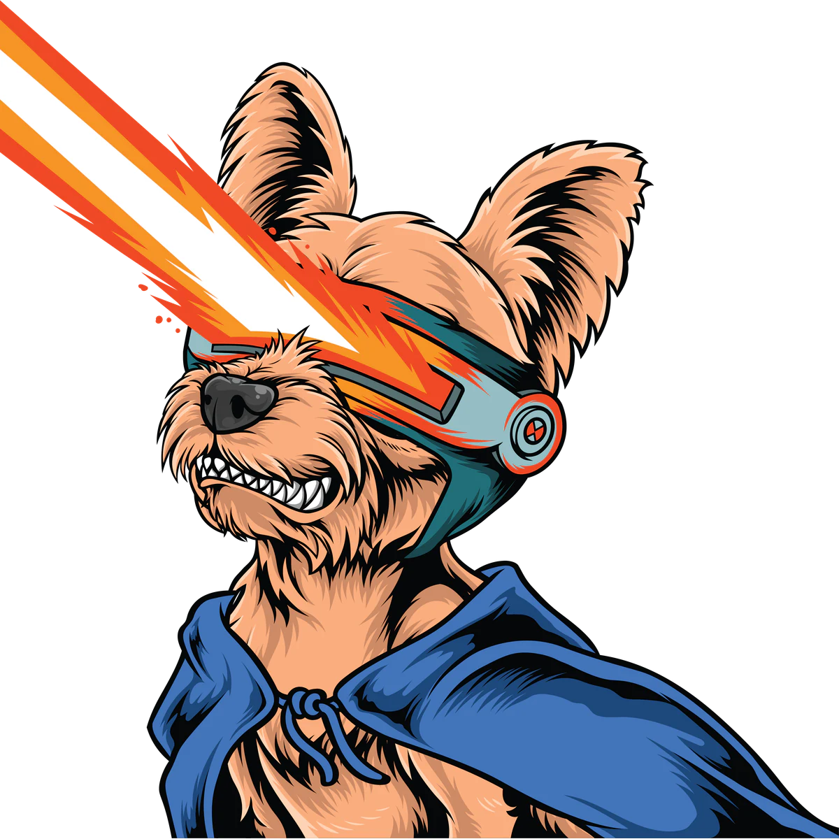 Finished Terrier hero character wearing a blue cape and laser visor